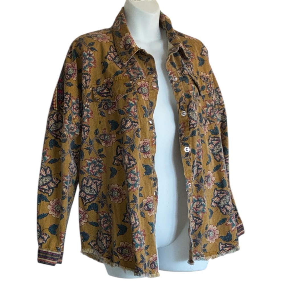 Zara denim jacket, Women Sm, mustard yellow, blue Floral, applique on back EUC